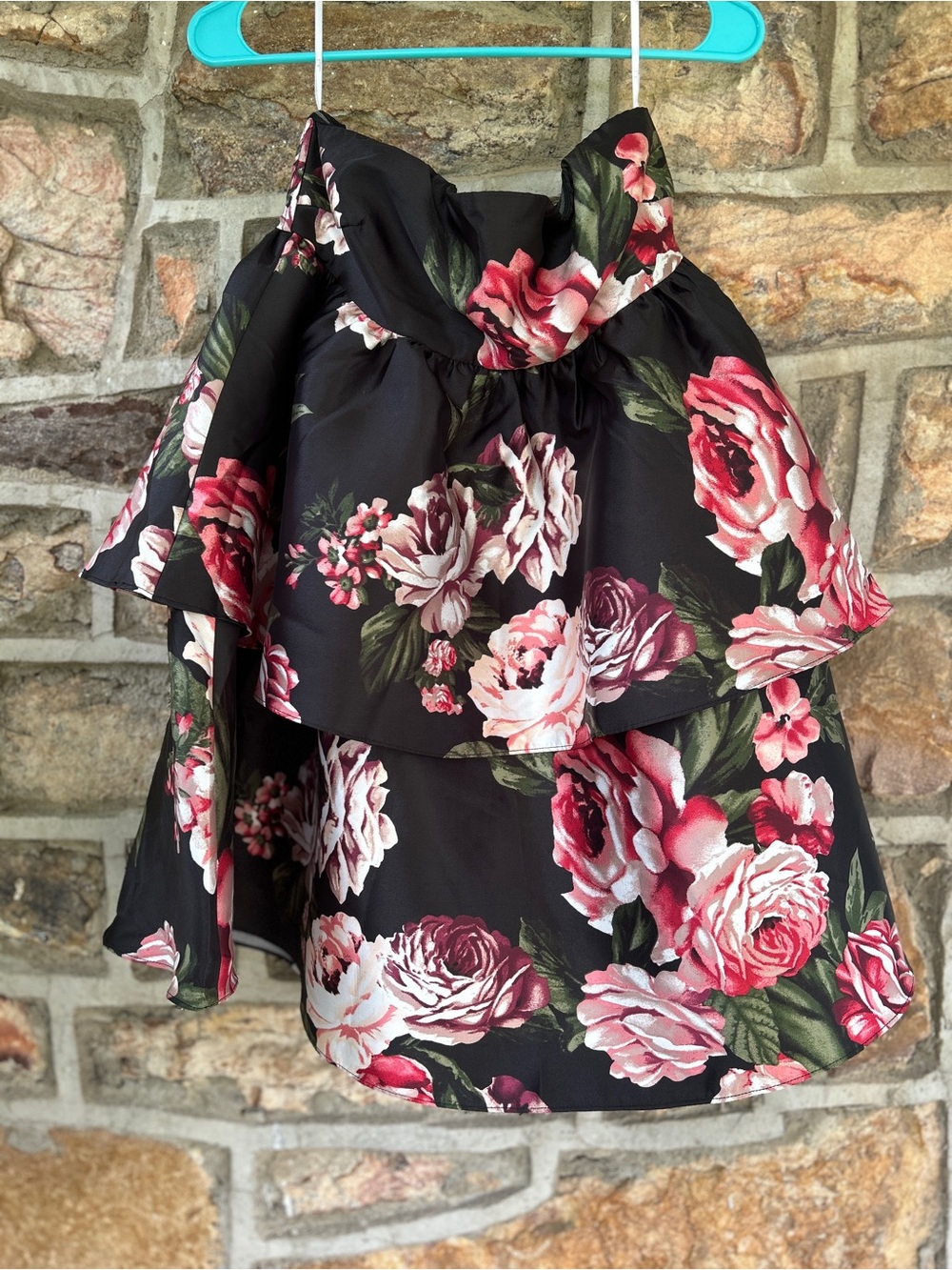 Lulus Floral Strapless Ruffle Dress - Black with Pink Roses
